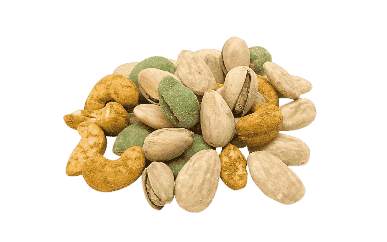Nussmischung „Bar Blend No 2“ mit Mandeln, Curry-Cashewkerne, Pistazien und Wasabi-Erdnüsse